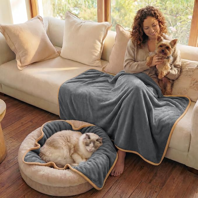 Luciphia Waterproof Blanket for Dog Washable Reversible Sherpa Fleece Throw Blanket for Bed Couch Soft Liquid Pee Proof Furniture Cover Protector for Small Medium Large Pet Cat Grey 85" x 57"