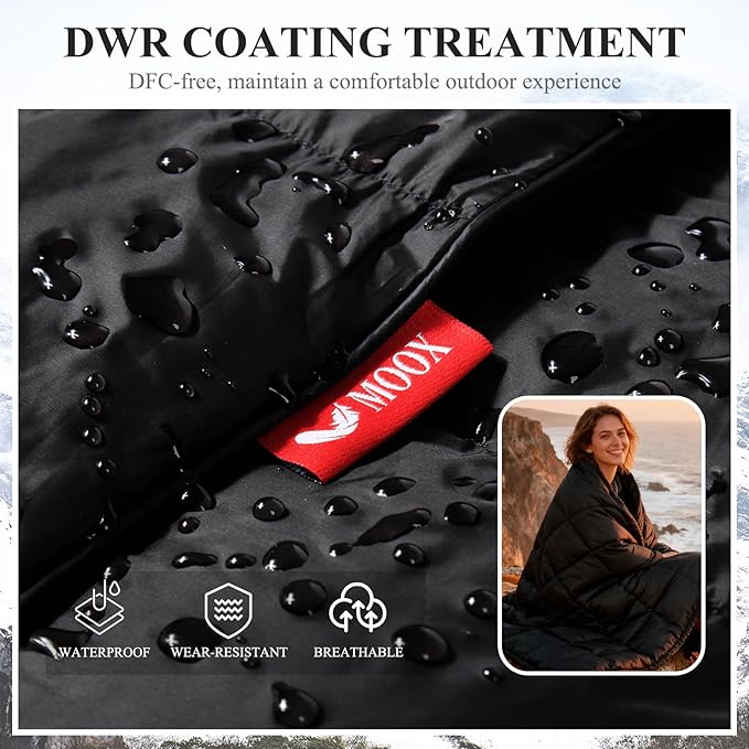 MOOX Down Camping Blanket - Packable Down Camping Quilt Backpacking Lightweight Waterproof Outdoor Hiking Stadium Warm Puffy Sleeping Bag 55"x79" Water Resistant Camp Travel Blanket, Black