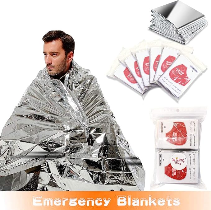 Emergency Mylar Thermal Blankets, Space Blanket Survival kit Camping Blanket, Windproof & Waterproof Shield, High-Visibility Rescue Signal (Pack of 6)