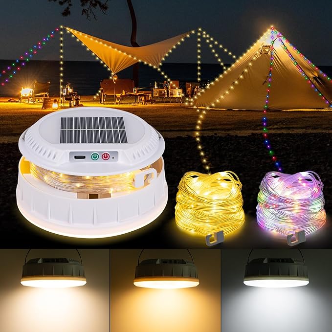 Solar Camping String Lights, 32.8 FT String Light with 13 Modes, 4 in 1 Waterproof Camp Lamp, Solar/Type-C Powered, Hanging Rechargeable Tent Lantern for Camping, Patio & Party (White)