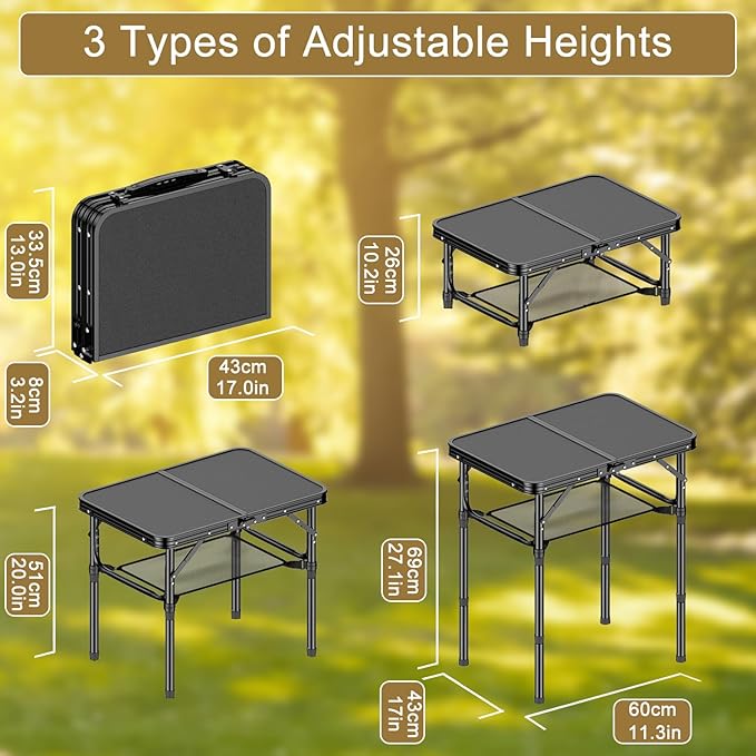 Folding Camping Table, 2 FT Folding Portable Camping Table, Outdoor&Indoor Picnic Table with 3 Adjustable Height Max 27.1",Lightweight Aluminum Camping Tables, Car Camping Essentials-Pure Black