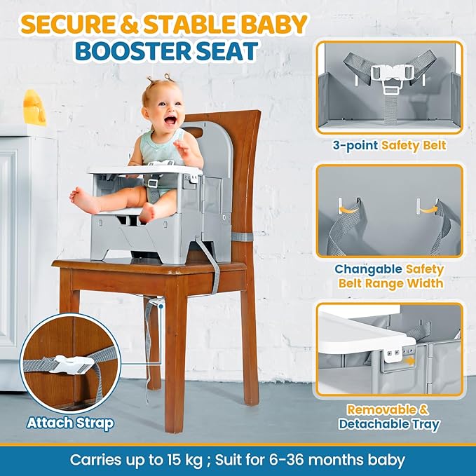 Orzbow Portable High Chair with Tray, Foldable Booster Seat for Travel Toddlers 6-36 Months, Baby Chair for Dining Table, Camping, Beach, Portable Booster Chair, Up to 33 lbs Baby, Grey