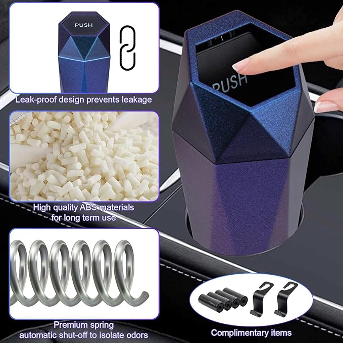 BFXM Car Trash Can, 2 Pack Car Trash Bin with Lid, Car Accessories for Women Interior, Car Garbage Can with Additional 2 ABS Hooks and 60pcs Trash Bags, Suitable for Home, Office, Car Organizer