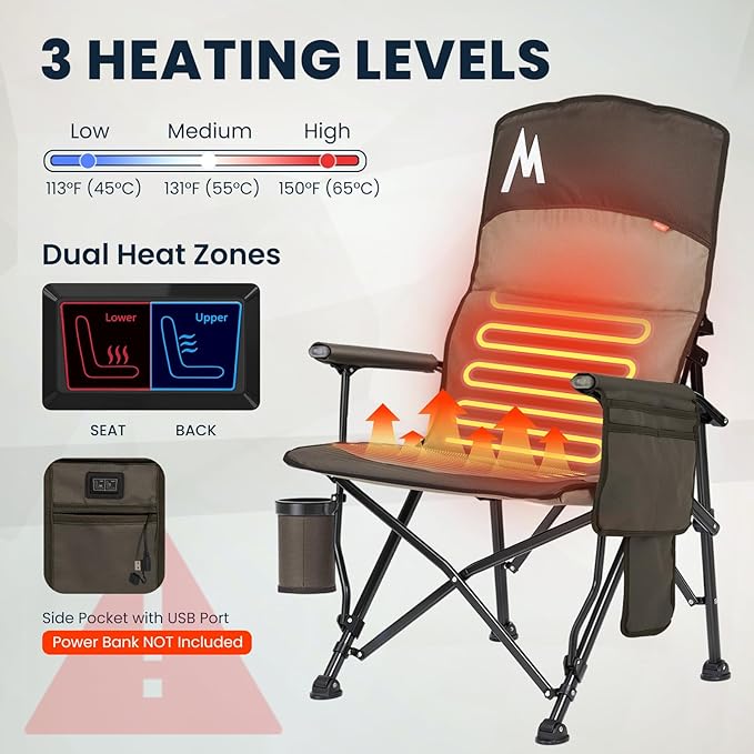 Overmont Heated Camping Chair with High Back - 3 Heat Levels 2-Zone Separately Heating - 450 LBS Support Heavy Duty Folding Chair Portable for Adults Patent No.: US D1.028.543S - Battery NOT Included