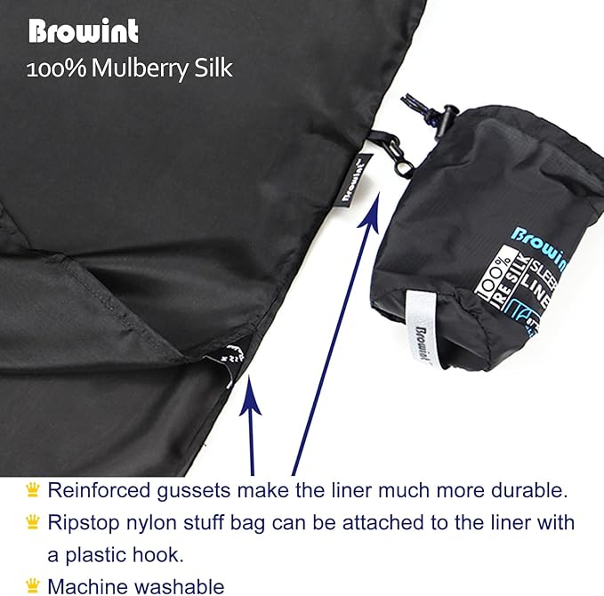 Browint Silk Sleeping Bag Liner, Silk Sleep Sack, Extra Wide 87"x43", Lightweight Travel Sheet for Hotels, More Colors for Option, Reinforced Gussets