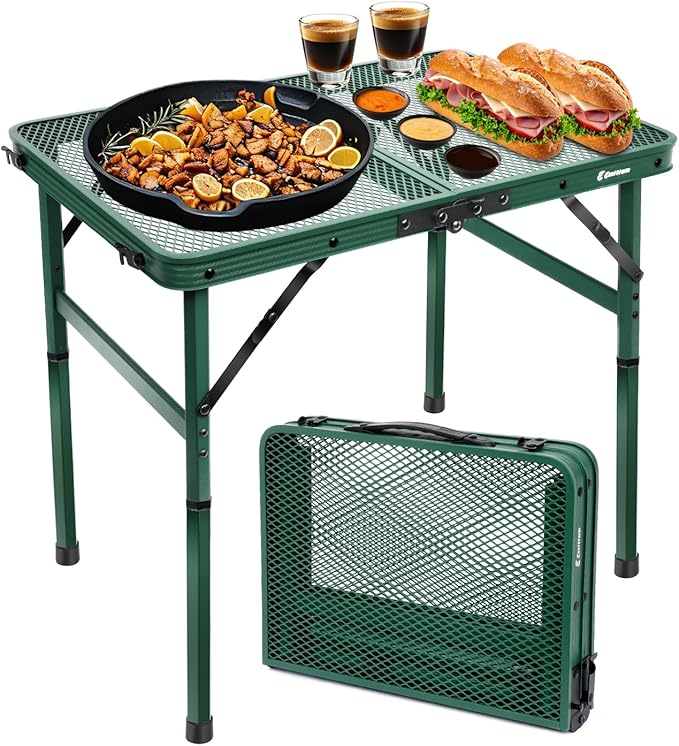 Small 2ft Folding Table with Carry Handle, Adjustable Height 10.6" or 22", Green Metal Mesh, Portable & Compact Indoor/Apartment/Card/Side/Grill Table, 23.6"Lx15.8"W, Lightweight 4 lb, 66 lb Capacity