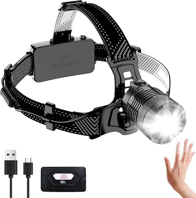 Headlamp Rechargeable -100,000LM Bright LED HeadLamp, 40H Runtime, Waterproof Headlights for Forehead, 3Mode Headlight 90° Adjustable & Zoomable Headlamps for Adults Camping Fishing Hiking