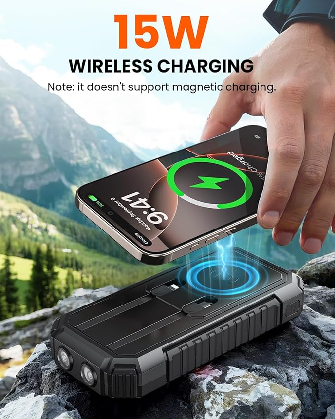 Riapow Solar Charger Power Bank - 27000mAh Wireless Portable Charger Built in 2 Cables - 22.5W Fast Charging Battery Bank with USB C in/Output - PD QC 3.0 Battery Pack Flashlight for Outdoor