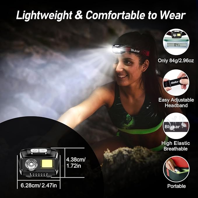 Blukar LED Headlamp Rechargeable,2000L High Lumen Super Bright Dimmable Headlight Flashlight with Motion Sensor- 8 Modes,Spotlight&Floodlight,IPX5 Waterproof for Camping,Hiking,Running,Fishing -2 Pack