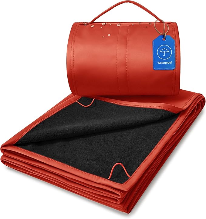 BEDELITE Large Waterproof Camping Blanket, Lightweight Packable Blanket for Car, Foldable Fleece Stadium Blanket for Outdoor Sports, Windproof, Wearable, Machine Washable, 55" x 80",Red