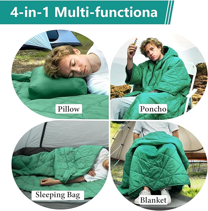 Camping Outdoor Blanket, Ultralight Down Alternative Printed Travel Camp Blankets for Sleeping Packable Waterproof Puffy Quilt for Hammock Picnic Stadium Beach Cold Weather (Green Blanket Poncho)