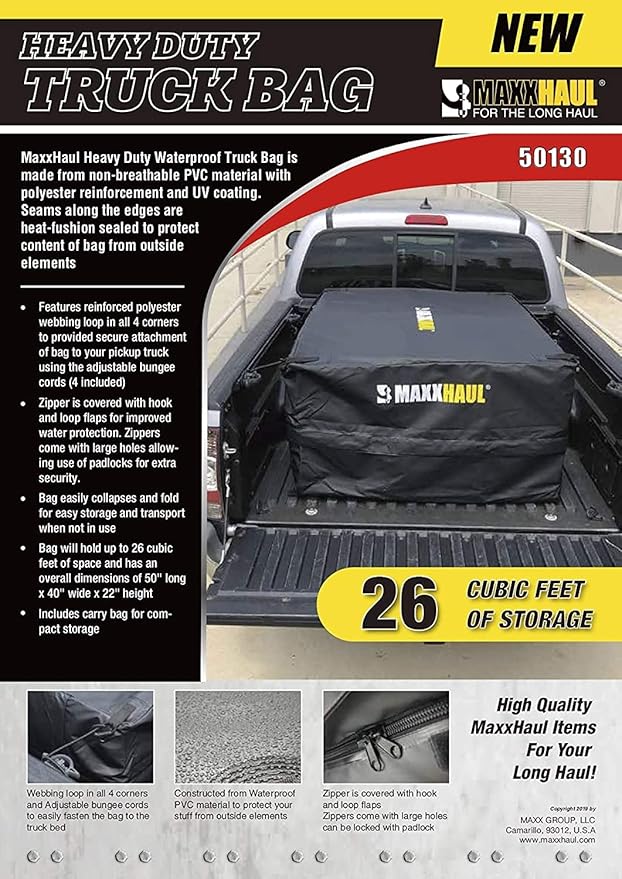 MaxxHaul Truck Bed Cargo Bag - 26 Cu. Ft. Heavy Duty Waterproof Carrier for Pickup Trucks & SUVs - 50"x40"x22" - Includes Bungee Cords (50130)