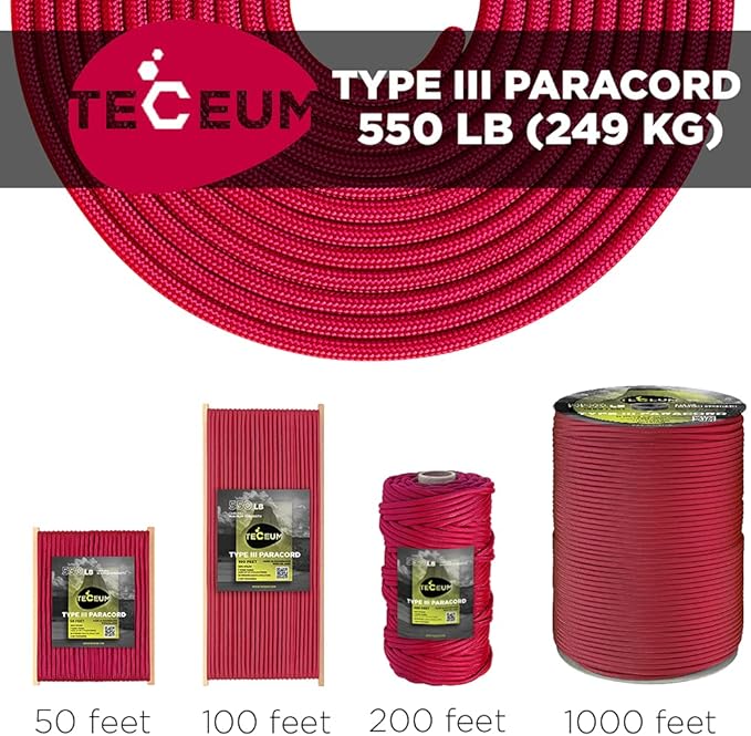 TECEUM Reflective Paracord Rope 1000 – 1000ft/200ft/100ft/50ft – 40+ Colors – Glow in The Dark – para Cord – Utility Rope for Survival, Hunting & Camping Gear – Nylon String, Camping Rope, Tent Cord