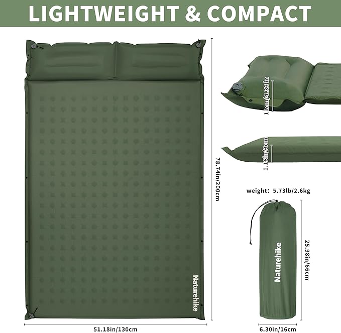 Naturehike Connectable Double Self Inflating Sleeping Pad, 1.18" Memory Foam Camping Pad, Backpacking Camping Mattress Pad for Tent, Travel, Car, Hammock