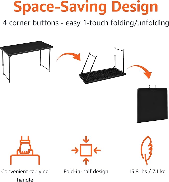 Amazon Basics Portable 4 Ft Rectangular Folding Dining Table, 4 Adjustable Height Settings, Space Saving Fold-in-Half Design and Carrying Handle, Indoor & Outdoor, Washed Black, 47.8 x 23.9 x 33.9 in