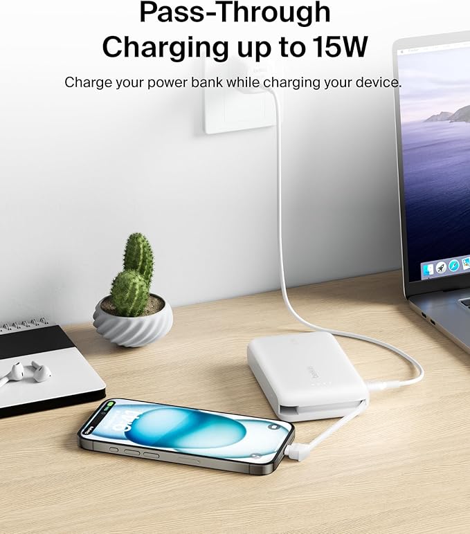 Belkin Portable Charger Power Bank USB C, 10000 mAh w/Integrated Cable, 20W Fast Charge USB-C Power Delivery, iPhone Charger, Apple iPhone 17, Air, Pro, Pro Max, iPad, Samsung Galaxy S25 - White