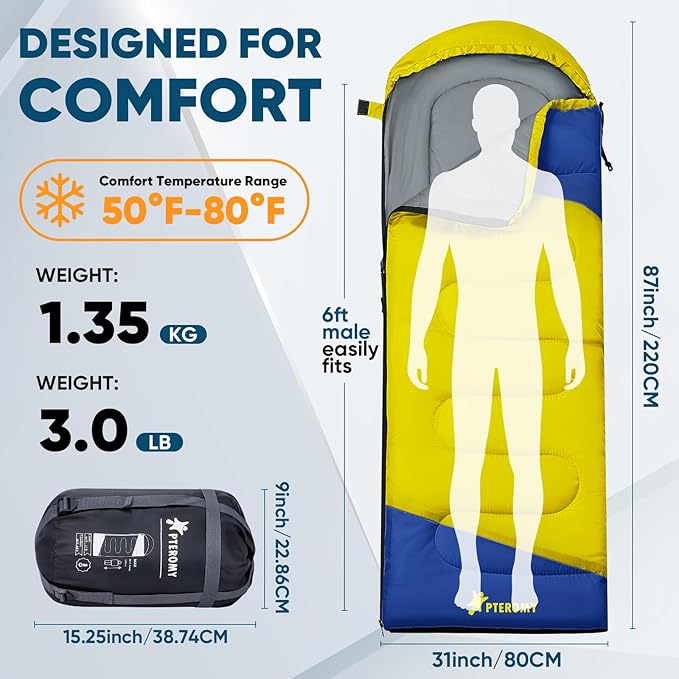 PTEROMY Sleeping Bags for Adults, Lightweight and Machine Washable, Water Resistant Backpacking Camping Sleeping Bag for Warm Cold Weather, Camping Essentials for Hiking Travel