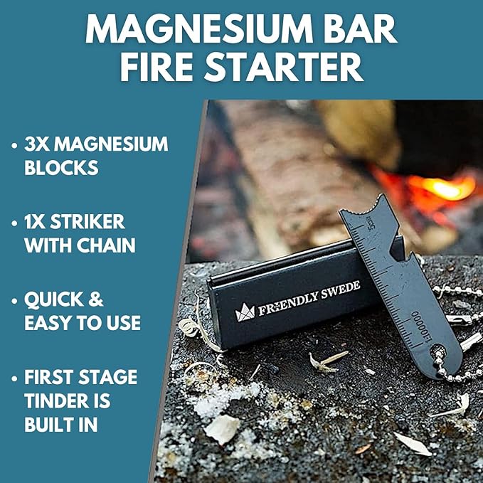 The Friendly Swede Magnesium Fire Starter Kit 3-Pack — Flint and Steel Fire Starter Survival Tool - Weatherproof Firestarter for Camping, Hiking & BBQs - Flint and Steel Bar - 6-in-1 Striker