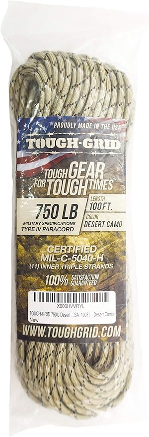 TOUGH-GRID 750 Paracord Military Grade Nylon Rope - Type IV Mil-Spec Made in USA - Tactical Survival Cord