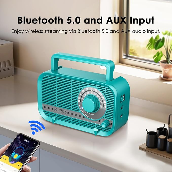 Portable AM FM Radio with Bluetooth, Plug in Wall and Play, or AA Battery Operated Radios, Best Reception Vintage Retro Radio Built in Clear Speaker Headphone/AUX in Jack Turquoise