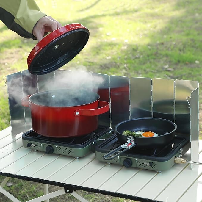 2 Burner Camping Stove with Windscreen, 12 Plates Foldable Portable Aluminum Camping Stove Windshield, Folding Gas Stove with 17200 BTU Adjustable Burners, Suitable for Propane & Butane