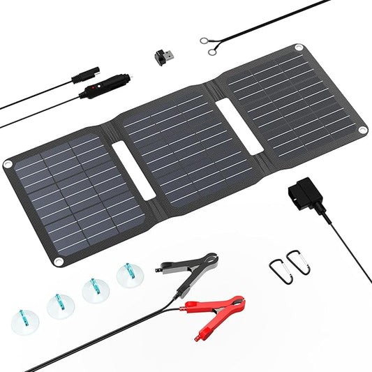 FlexSolar 15W Foldable Solar Panel Trickle Charger Maintainer Kits - 12V DC & USB Output with Built-in Controller Includes Cigarette Lighter, Alligator Clips, O-Rings,OBDII Connector for Car, Truck