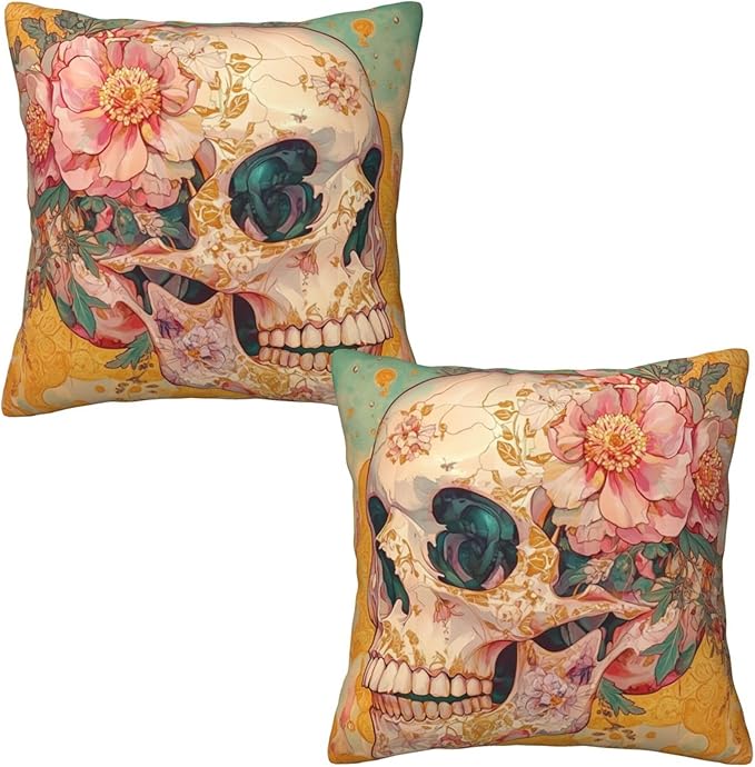 Skull Flower Throw Pillow Covers 18x18 inch Set of 2 Halloween Pillow Case Cushion Cover for Home Sofa Couch Living Room Car Decor