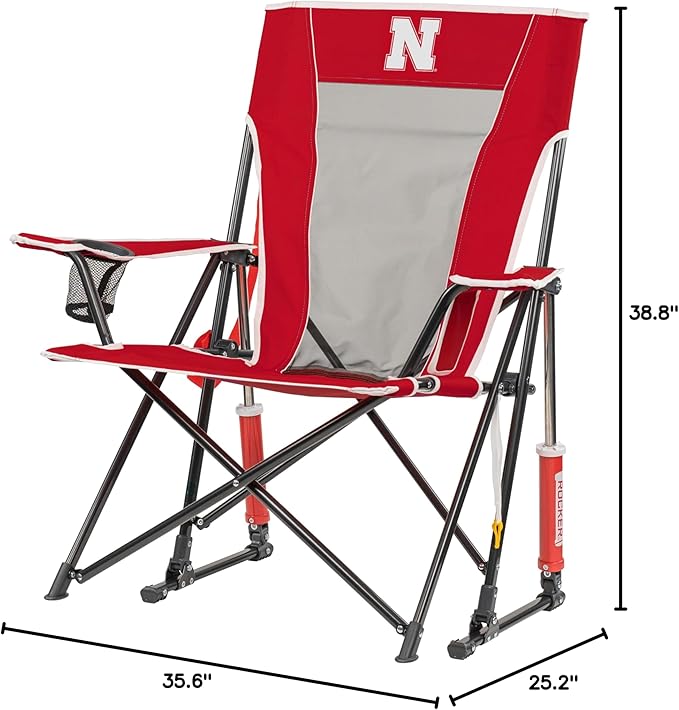 GCI Outdoor Comfort Pro Rocker Camping Chair | Portable Folding Rocking Chair with Durable Armrests & Drink Holder | Official Collegiate Licensed Sideline Sports Chair | Nebraska Cornhuskers