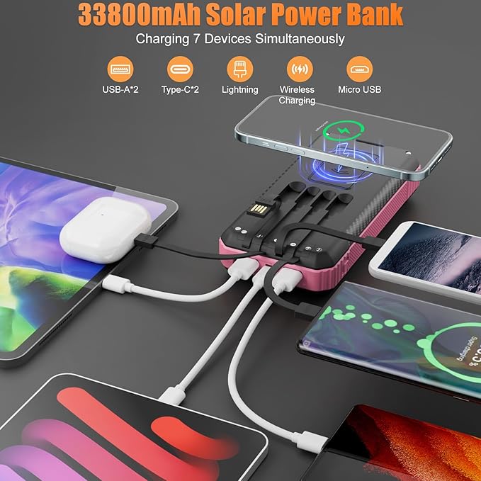 Solar Power Bank 33800mAh with Super Bright LED Flashlight, Built-in 4 Cables & Wireless Charging, Portable Charger with Compass, 7 Outputs & 4 Inputs for Camping/Hiking