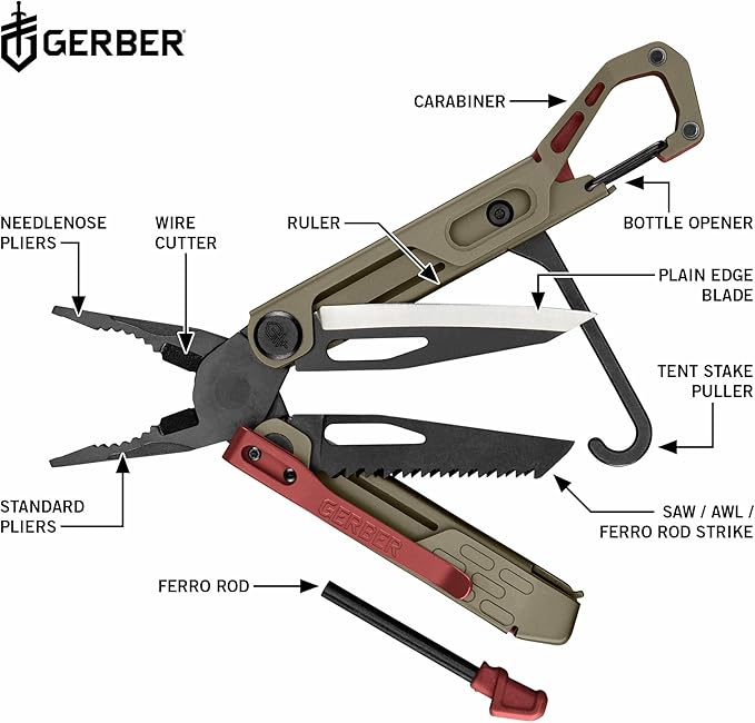 Gerber Gear Stakeout Spark - Multi-Tool Folding Knife for Backpacking, Survival, Camping, Outdoor - Pocket Tool w/Bottle Opener, Tent Stake Puller, Scissors, Tweezers - Coyote Brown