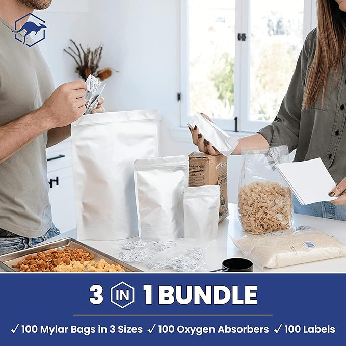 Wallaby 100ct Multi-Size Mylar Bags, 400cc Oxygen Absorbers, 15 & 10 Mil Total Thickness, 1-Gal, 1-Qt, 1/2-Pt, Stand-Up, Zipper & Heat-Sealable, Gusseted Zipper Bags for Long-Term Food Storage