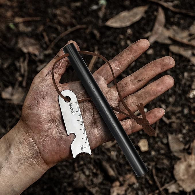 BCHARYA Fire Starter Survival Tool, Ferro Rod Kit with Leather Neck Lanyard and Multi-Tool Striker, Flint and Steel Survival Igniter with Tinder Rope and Tab for Camping, Hiking and Emergency