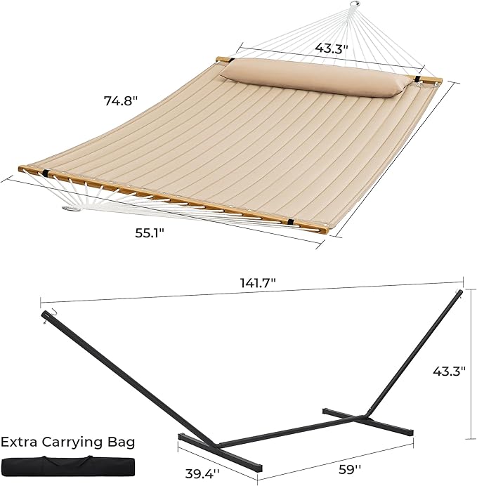 SUPERJARE Hammock with Stand, 2 Person Quilted Outdoor Hammock, Detachable Pillow & Bamboo Spreaders, Portable Hammock with Carrying Bag, Heavy Duty Stand, Perfect for Outside, Patio, Beige
