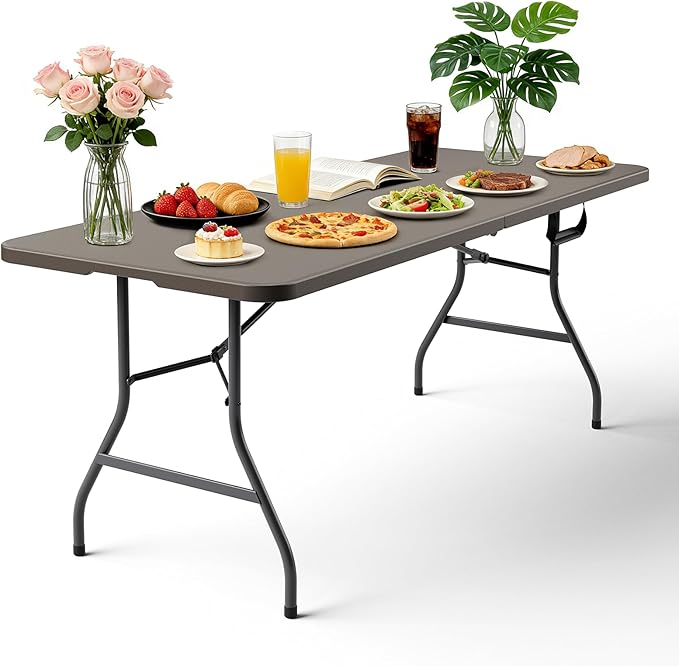 Folding Table 72" x 30" - Heavy Duty Plastic Table with Handle, Foldable&Portable, Fold-in-Half Utility Tables for Outdoor, Dining, Wedding, Events, Indoor, Picnic, Camping, Party, Khaki