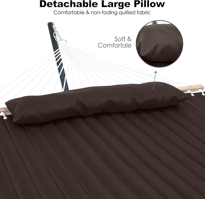 GAFETE 2 Person Hammock with Stand for Outside, Heavy Duty Steel Stand, Double 55inch Hammocks, Large Removable Pillow, Storage Bags, Max 475 lbs Capacity (Brown)