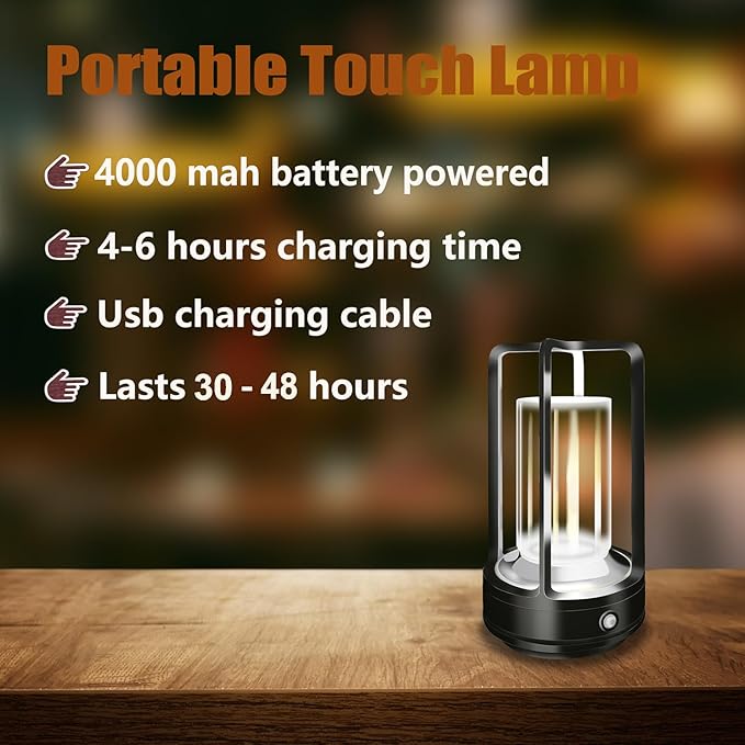Set of 2 Cordless Table Lamps, LED Rechargeable Table Lamp with 3 Color Stepless Dimmable, Indoor/Outdoor Table lamp for Patio/Camping/Bar/Coffee/Restaurant/Bathroom (Black 2 Pcs)