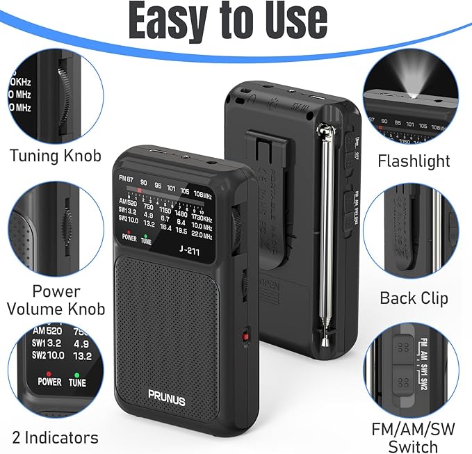 PRUNUS J-211 Portable Radio AM FM with USB C Charging and AA Battery Operated, Transistor Radio, Strong Reception& Clear Speaker, Headphone Jack, Back Clip, Lanyard, Small Radios Portable AM FM