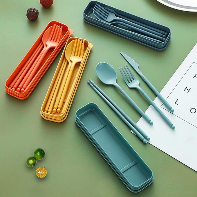 Camping Utensil Set, Reusable Utensils Set with Case, Plastic Cutlery Set Forks Spoon Tableware Chopsticks, Portable Cutlery Set for Travel Picnic Camping or Daily Use (Dark Green)
