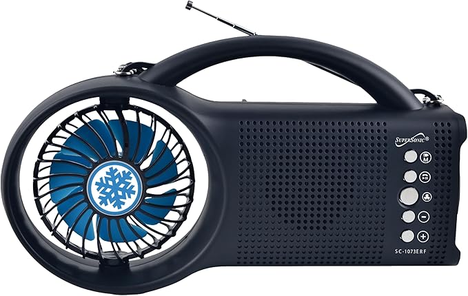 Supersonic SC-1073ERF Solar Power Bluetooth Speaker with FM Radio, LED Torch Light and Fan USB/SD Input, FM Radio, 3 Wind Speed, for Picnic, Barbecue, Camping, Hurricane Emergency