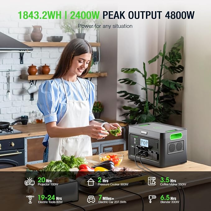 Portable Power Station 2400W Solar Generator, 1843Wh UPS Home Battery Backup, LiFePO4 Battery Supply with 12 Outlets(2400W AC Outlets,4800W Peak), USB-C PD100W, 2Hrs Quick Charge, RV Camping