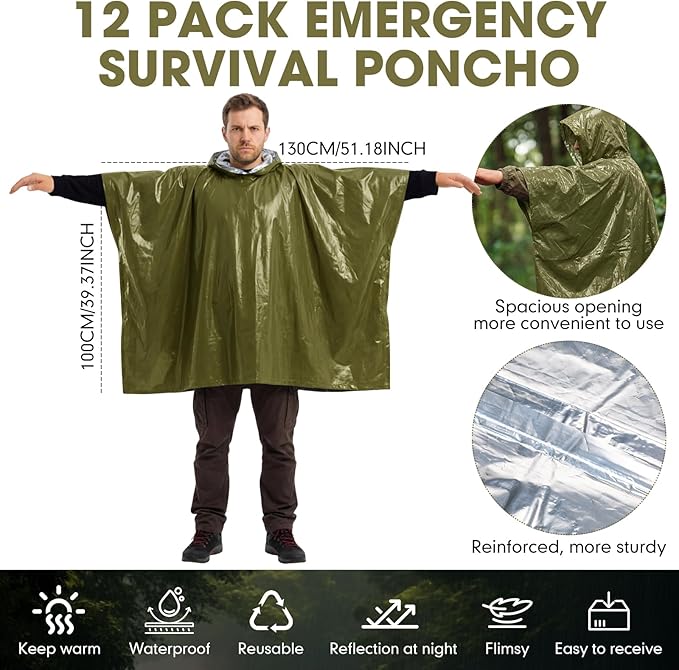 Tellegloww Emergency Ponchos with Polyester Film Blanket Liner Waterproof Windproof Thermal Survival Blanket Rain Ponchos