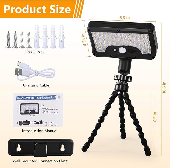 Solar Motion Lights Outdoor with Flexible Octopus Tripod, USB & Solar Powered Motion Sensor Lights with 92 LEDs, IP65 Waterproof Motion Activated Light for Fence, Camping (2 Pack, Warm Yellow)
