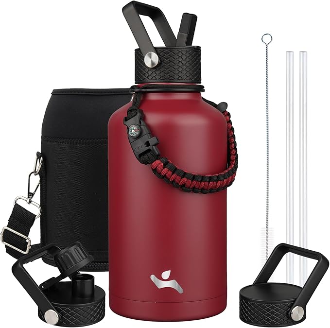 Konokyo Half Gallon Insulated Water Bottle with Straw,64 oz 3 Lids Water Jug with Carrying Bag,Paracord Handle,Double Wall Vacuum Stainless Steel Metal Flask,Dark Red