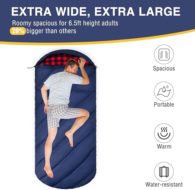 REDCAMP Flannel Sleeping Bag for Adults, Comfortable Cotton Sleeping Bags for Camping with Detachable Hood, Red/Grey/Blue/Black