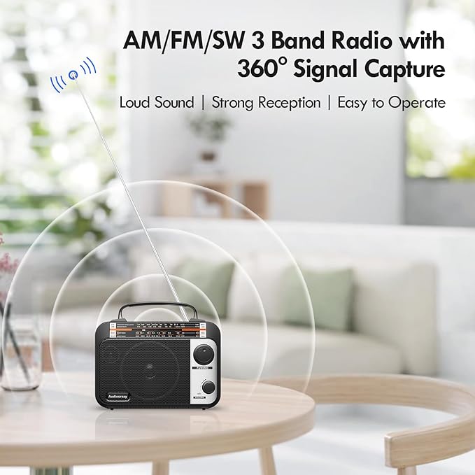 Multi-Band AM/FM/SW1-2 Radio Transistor Radio AC or Battery Operated with Best Reception Big Speaker and Precise Tuning Knob with AUX in & 3.5mm Earphone Jack