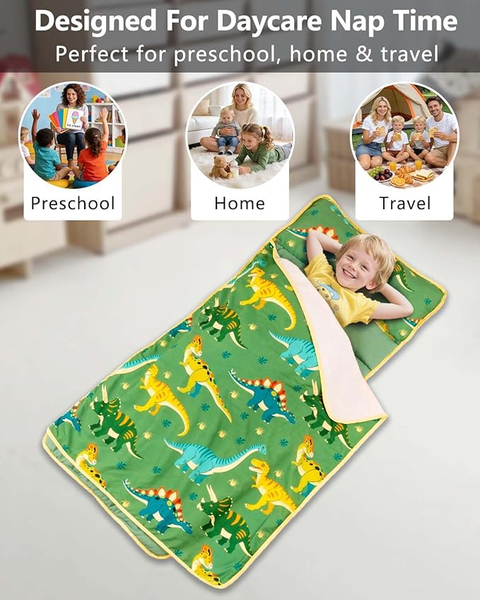 Primlect Lightweight Toddler Nap Mat, Portable Rolled Design Perfect for Daycare Travel, 51”x31 All-in-One Sleeping Bag with Removable Pillow and Fleece Blanket for Boys Girls, Machine Washable