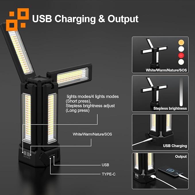 iodoo 13200mAh Rechargeable Solar Work Light with Remote and Portable Carrying Bag, 8000 Lumen Stepless Dimmable, 4 Lighting Modes, White/Warm/Nature/SOS for Outdoor Camping Car Work Emergency Light