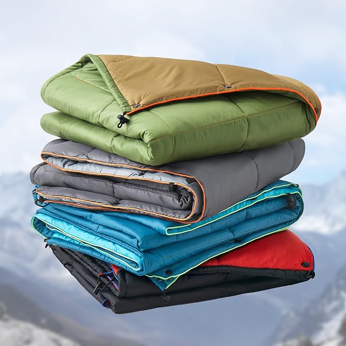 UNIKOME Waterproof Puffy Camping Blanket - Lightweight Packable Outdoor Quilt with Snaps & Corner Loops, Warm Compact Blanket for Cold Weather Hiking Picnic Stadium Travel, 75"×52", Grey&Light Grey