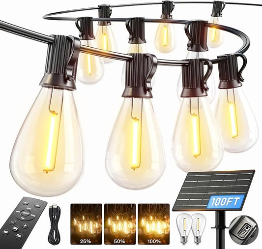 100FT Solar String Lights Outdoor Waterproof, 35+1 LED Solar Powered Lights with Remote Control, 3 Light Modes & Dimmable, USB-C Charging for Patio, Backyard, Garden, Camping