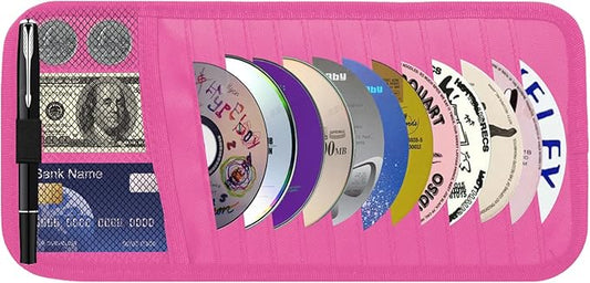 Car CD & DVD Holder - Large Capacity CD Visor Case, Vehicle Visor Storage Organizer with 12 Disc Sleeves, 1 Mesh Pocket 1 Pen Holder and & Elastic Band (Pink)
